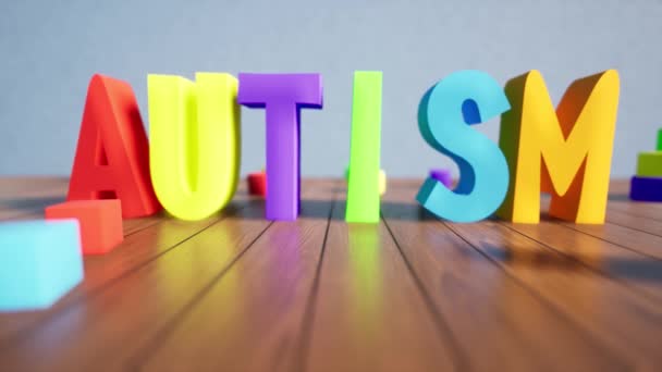 Día Mundial del Autismo Concepto de estilo de vida saludable El enfoque de la cámara cambia con letras de autismo en las paredes — Vídeos de Stock