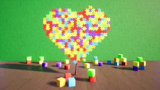 World Autism Awareness Day puzzle cardíaco Conceito médico capaz de loop sem costura — Vídeo de Stock