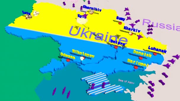 ウクライナ上空を封鎖地図戦争ウクライナ戦争技術ロシア爆撃都市 — ストック動画