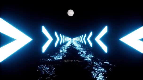 Frecce al neon blu linea tecnologia sfondo notte Luna mare — Video Stock
