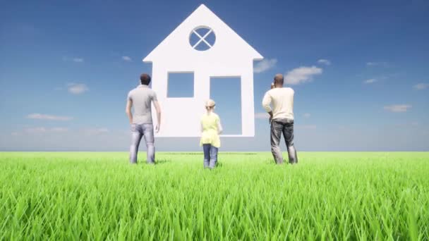 Στεγαστικό σπίτι Επιχειρήσεις άτομα ευτυχισμένη οικογένεια πράσινο τοπίο — Αρχείο Βίντεο