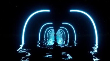 Su üzerindeki mavi neon kapı Fütürist tünel tasarımı Dijital soyut arkaplan 4k