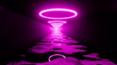 Neon tünel pembe daire ışıklar teknoloji parlak modern oda 4k