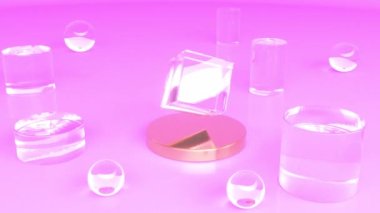Akrilik boş podyum pembe 3d tarzı altın sahne modeli. Kusursuz 4k döngü yapabiliyor.