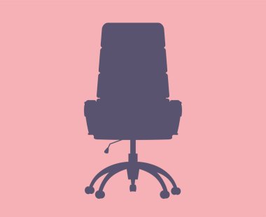 Ön manzara ofis koltuğu. Yüksek arkası ve tırabzanları olan rahat mor deri döner sandalye. Mobilya işindeyim. Çizgi film vektör düz illüstrasyon pembe arkaplan izole