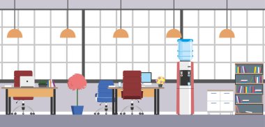 Modern açık alan. Ofisin içi boş. Çağdaş yaratıcı iş yeri. Ortak çalışma merkezi. Dolap. Düz