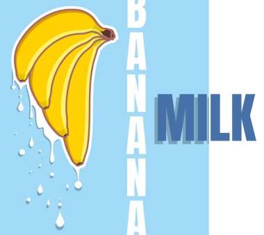 Muz sütü meyveden akar. Mavi arka planda farklı şekillerde dört muz. Typography ve vektör meyveleri. Sulu taze yaz muzları