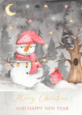 Tatlı kardan adam, hediye çantası, kış ormanlarında gece suluboya kart Mutlu Noeller 