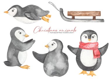 Şirin kutup penguenleri, kızak, Noel hayvanları suluboya set 