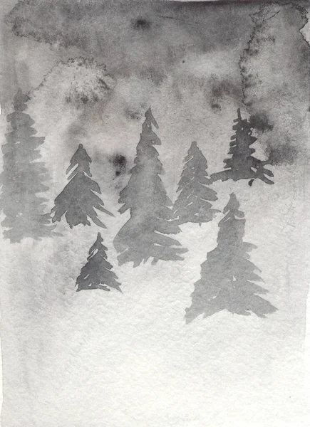 Köknar Ağaçları Ile Kış Arkaplanı Watercolor Grisi — Stok fotoğraf