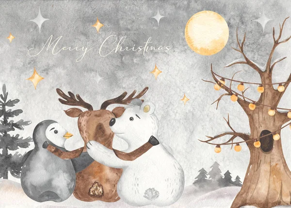 Cute Animals Bear Deer Penguin Night Winter Fairy Forest Watercolor — Stock Photo, Image