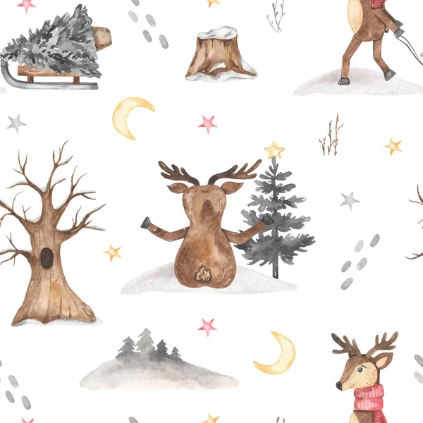 Χαριτωμένο Ελάφι Αρκτικά Ζώα Χριστουγεννιάτικο Δέντρο Δέντρο Κούτσουρο Χιονοστιβάδες Φεγγάρι — Φωτογραφία Αρχείου