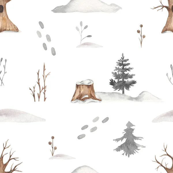 Kış Ormanı Çukur Kütük Köknar Ağaçları Karlar Suluboya Kusursuz Noel — Stok fotoğraf