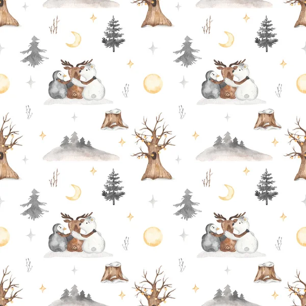 Arctic animals deer, bear, penguin, winter forest, fir trees, tree on white background Watercolor seamless christmas pattern