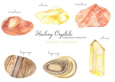 Sacral çakra sitrin, kaplan gözü, Carnelian suluboya şifa kristalleri seti 