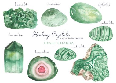 Kalp chakra malakit, aventurine, zümrüt, turmalin, yeşim taşı şifa kristalleri seti