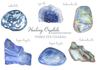 Third eye chakra sodalite, azurite, lapis lazuli, labradorite Watercolor set of healing crystals  clipart