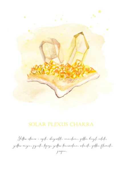 Solar Plexus Chakra Citrine Sarı Topaz Kuvars Taşlı Suluboya Kart — Stok fotoğraf