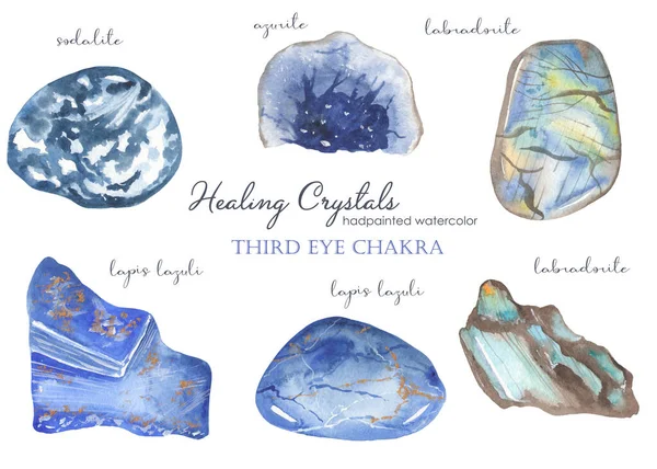 Terzo Occhio Chakra Sodalite Azurite Lapislazzuli Labradorite Acquerello Set Cristalli — Foto Stock