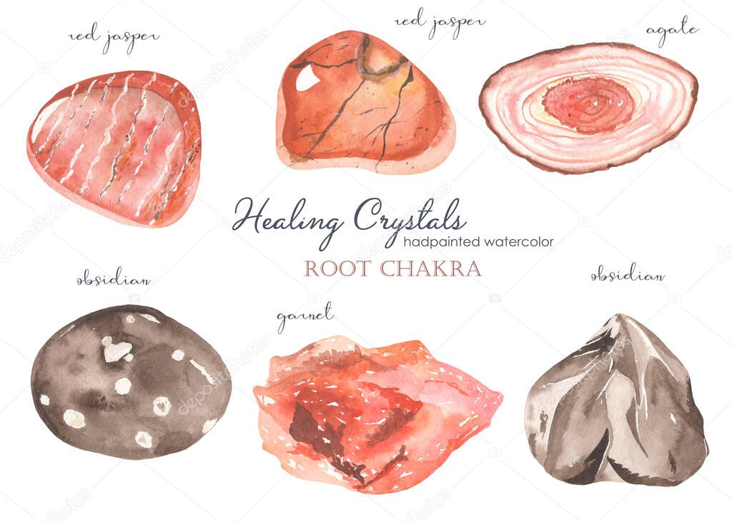 Root chakra obsidian, red jasper, garnet Watercolor set of healing crystals 