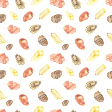 Sakral chakra sitrine, carnelian, beyaz arkaplan gözü suluboya desenli şifalı kristaller