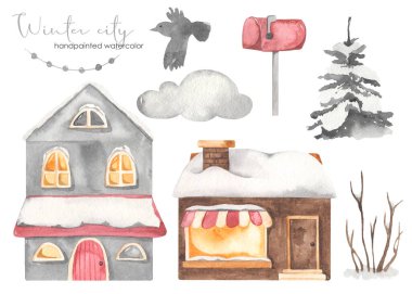 Avrupa evleri, posta kutusu, karların altındaki çelenk, ağaç, çelenk Watercolor Kış Şehri