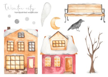 Avrupa evleri, bank, karga, karların altındaki ağaç, bacadan çıkan duman Watercolor Kış Şehri