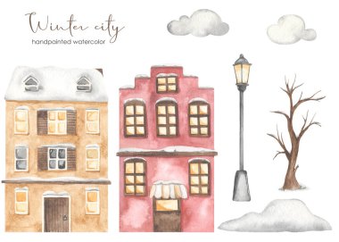 Avrupa evleri, kar, ağaç, fener, bulut Watercolor kış şehri