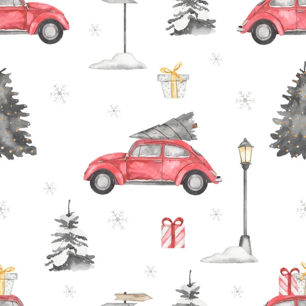Carro Natal Com Presentes Árvore Natal Abeto Flocos Neve Lanterna — Fotografia de Stock