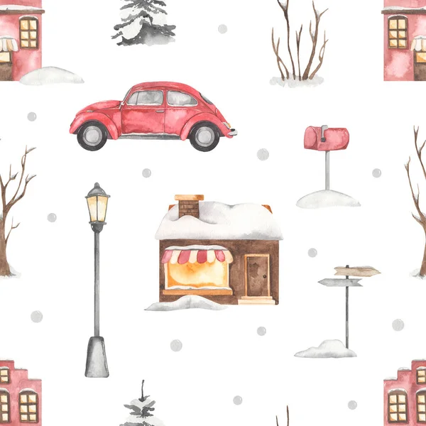 Winter city with european houses, car, trees, christmas pattern Watercolor seamless pattern