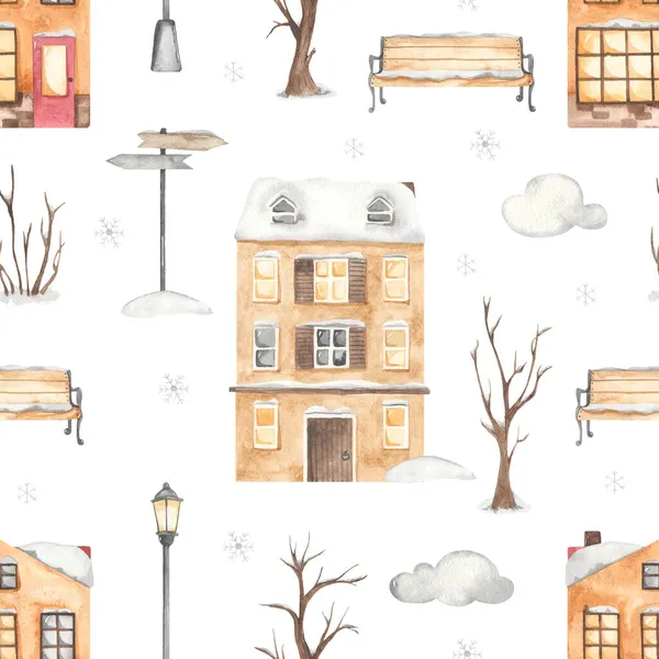冬季城市 有欧洲的房子 水彩画无缝图案 — 图库照片