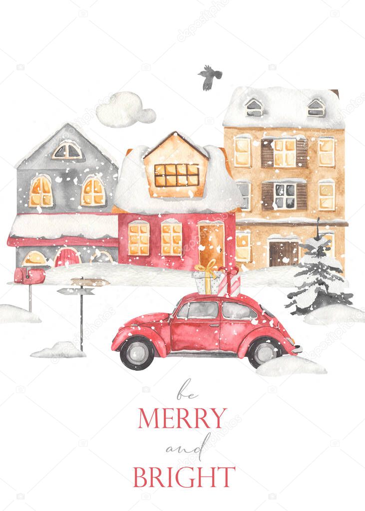 Merry and bright Christmas with European city, car, fir tree, snowdrifts Watercolor card 