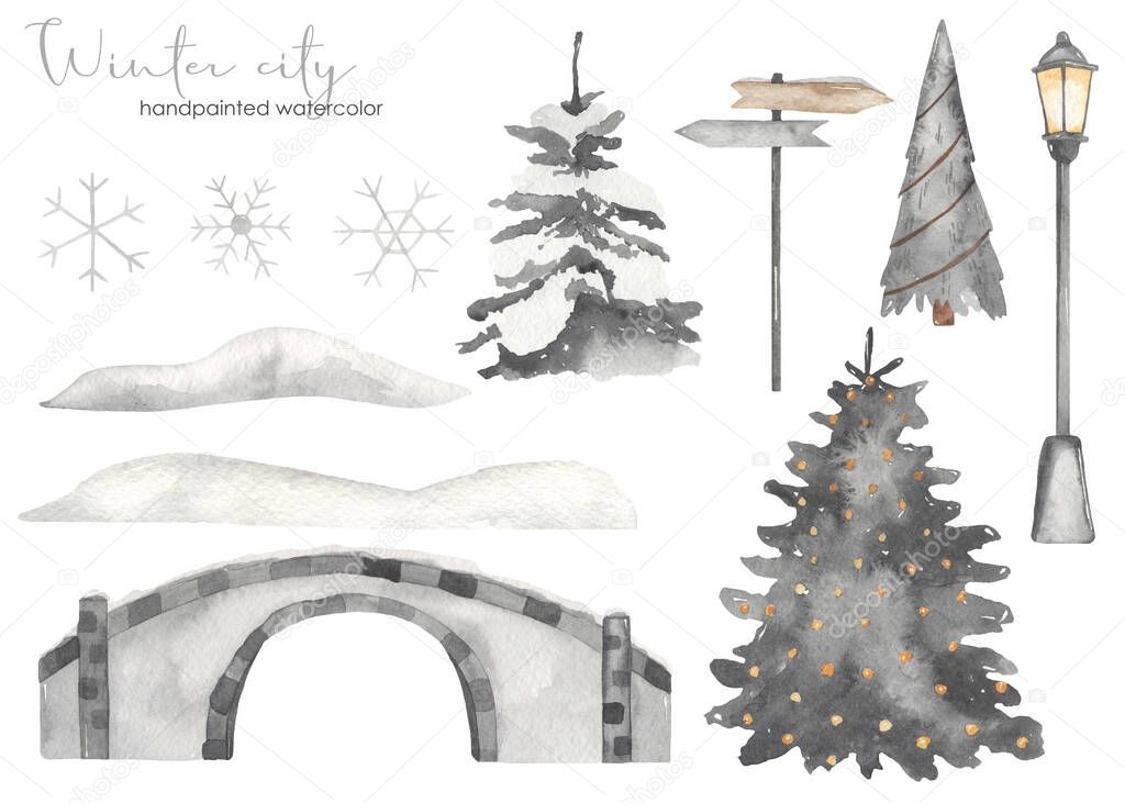 Stone bridge, street lamp, spruce, snowflakes, snowdrifts Watercolor set winter city 