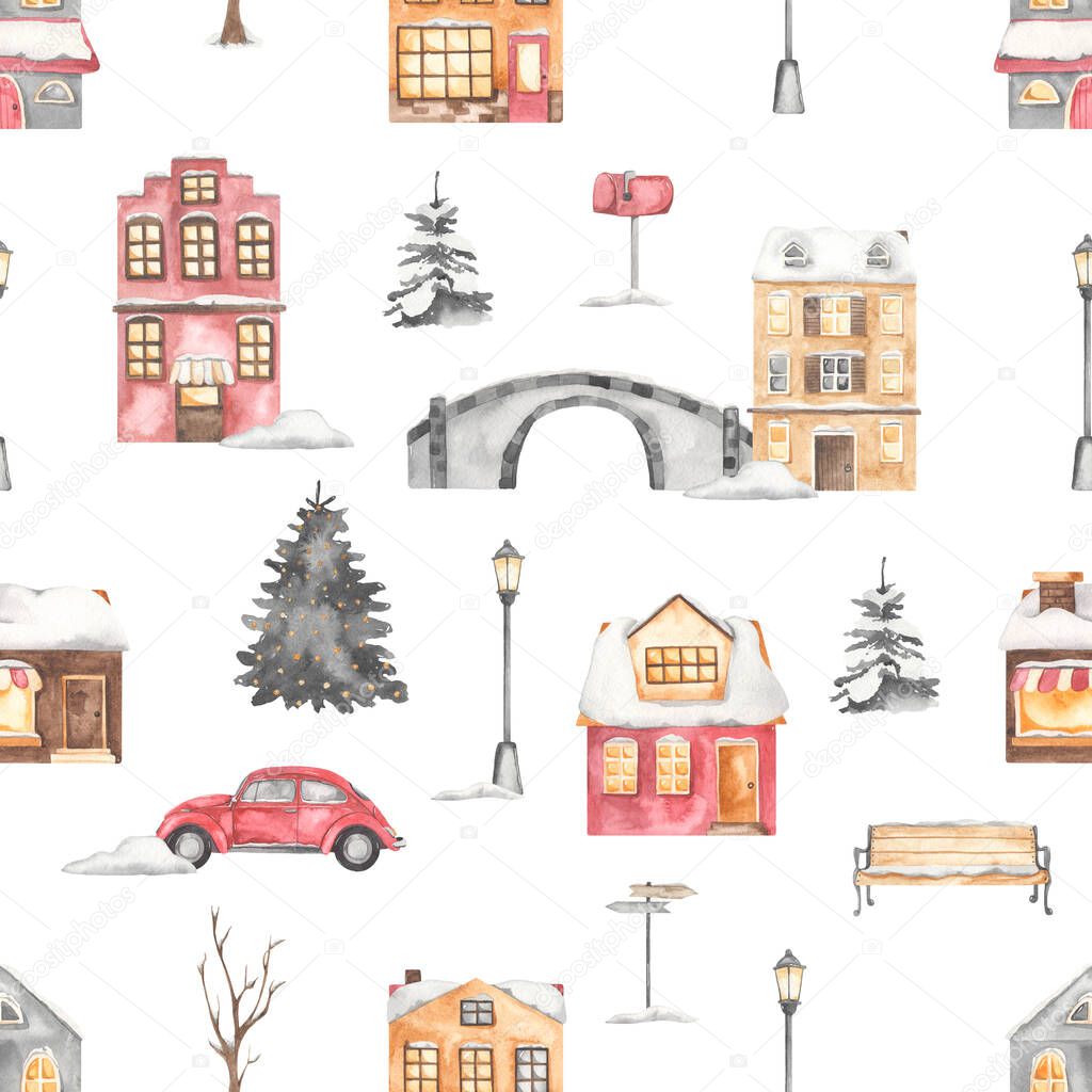 Winter european city, car, spruce, bench, bridge, lantern Watercolor seamless pattern