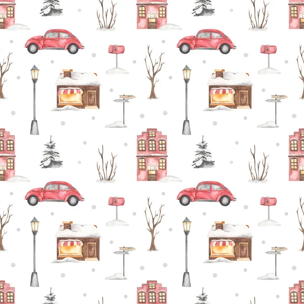 Winterstad Met Europese Huizen Auto Bomen Kerst Patroon Witte Achtergrond — Stockfoto