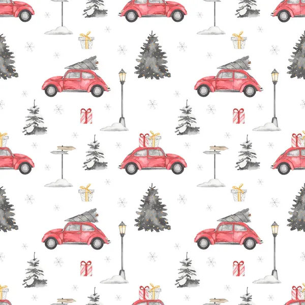 Boże Narodzenie Samochód Prezentami Choinką Świerk Płatki Śniegu Latarnia Białym — Zdjęcie stockowe