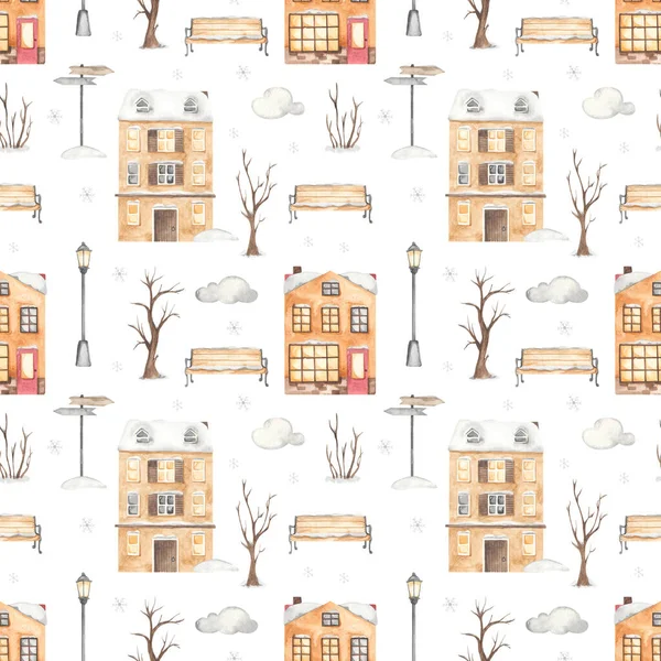 Winter city with European houses, streets, trees, lanterns, snowflakes, benches on a white background Watercolor seamless pattern