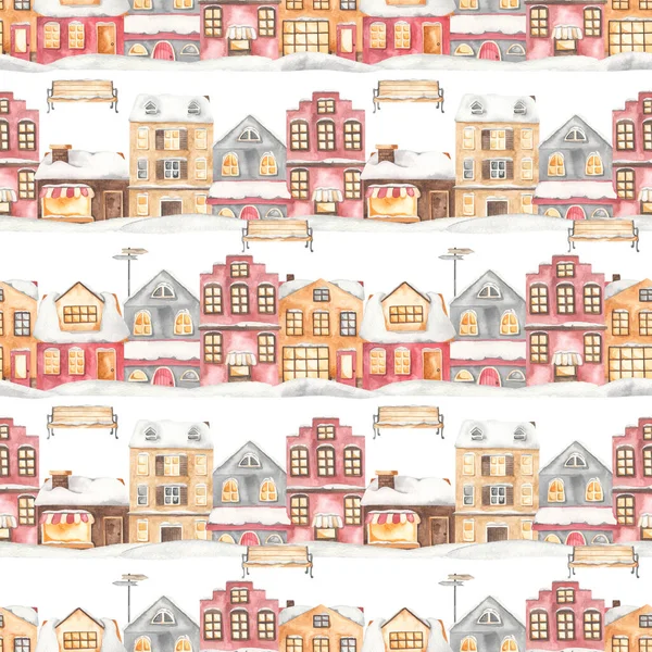 Winter city with European houses, streets, Amsterdam houses, benches on a white background Watercolor seamless pattern