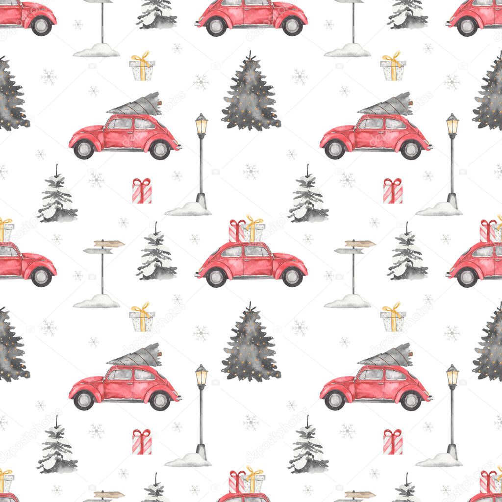 Christmas car with gifts and christmas tree, spruce, snowflakes, lantern on white background Watercolor seamless pattern