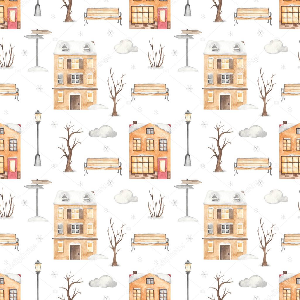 Winter city with European houses, streets, trees, lanterns, snowflakes, benches on a white background Watercolor seamless pattern