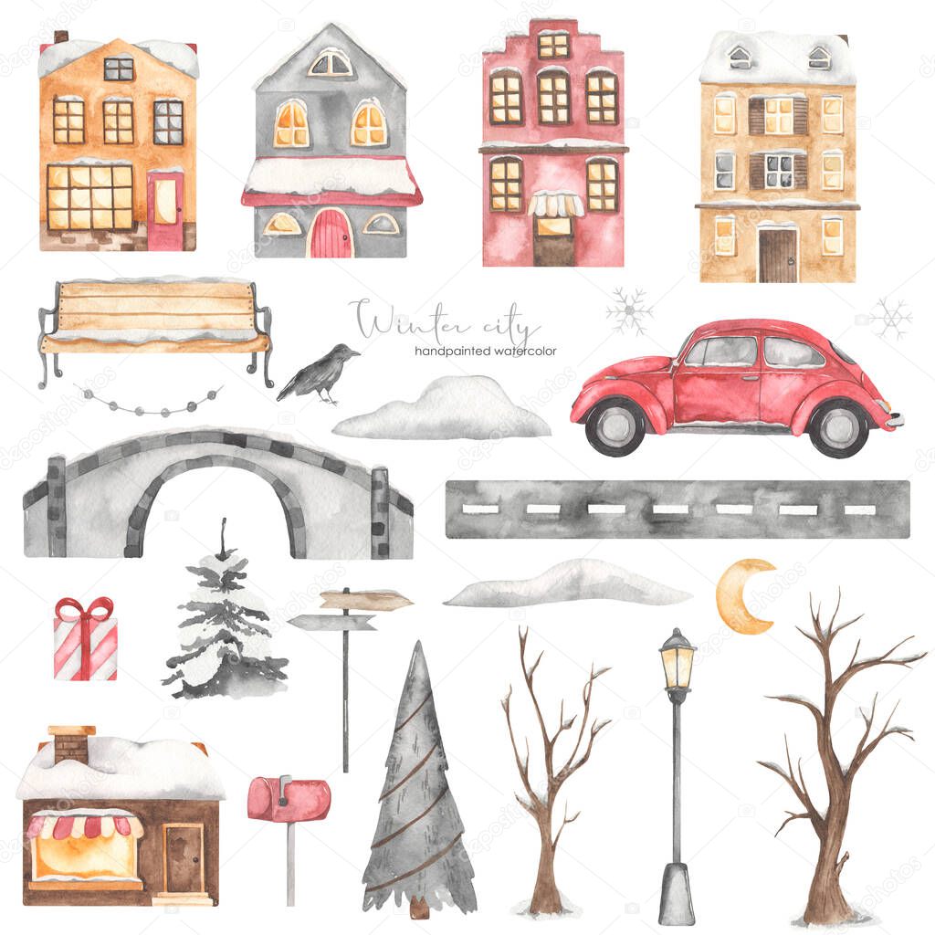 European houses, car, bridge, trees, spruce, road, snowdrifts, bench Watercolor set winter city