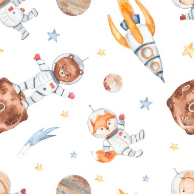 Küçük astronotlar, tilki, ayı, roket, gezegenler, kuyruklu yıldız.