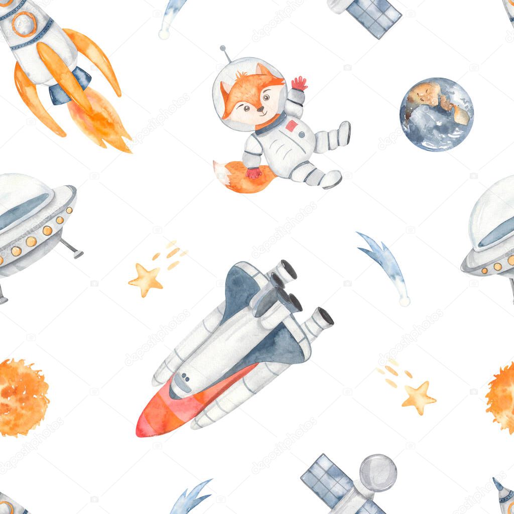Fox spaceaut, rocket, flying saucer, shuttle, planets, stars Space watercolor seamless pattern, little astronaut