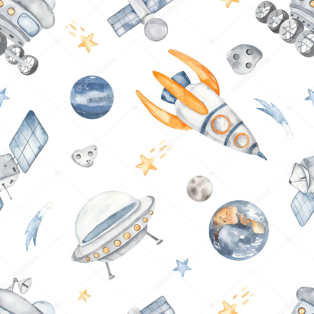 Space technology, lunar rover, satellite, rocket, planets, comet Space watercolor seamless pattern