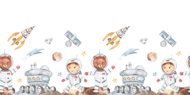 Küçük astronotlar, roket, ay gezgini, gezegenler, yıldızlar Sulu renksiz sınır boşluğu 