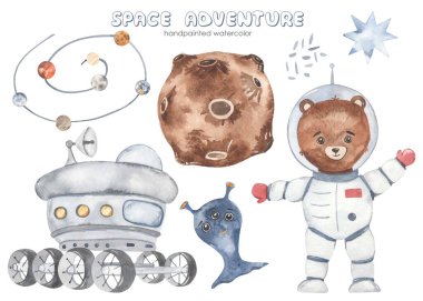 Ayı astronot, gezegen, ay gezgini, güneş sistemi, uzaylı, yıldız suluboya uzay macerası