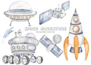 Uçan daire, ay aracı, roket, uydu, kuyruklu yıldız, UFO Watercolor Uzay Macerası