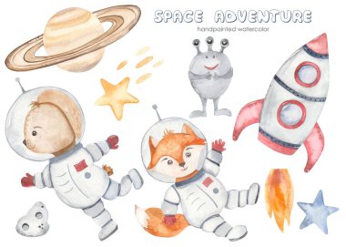 Roketli uzay macerası, genç astronotlar, tilki, tavşan, satürn, kayan yıldız, göktaşı, uzaylı suluboya seti 