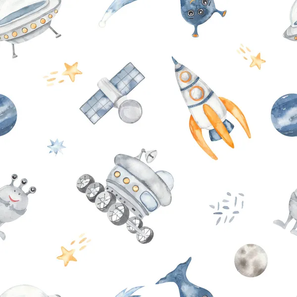 Flying saucer, rocket, satellite, lunar rover, aliens, stars, planets Watercolor seamless pattern space