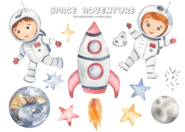 Space Adventure Rocket Young Astronauts Boy Girl Stars Planet Earth — Stock Photo, Image